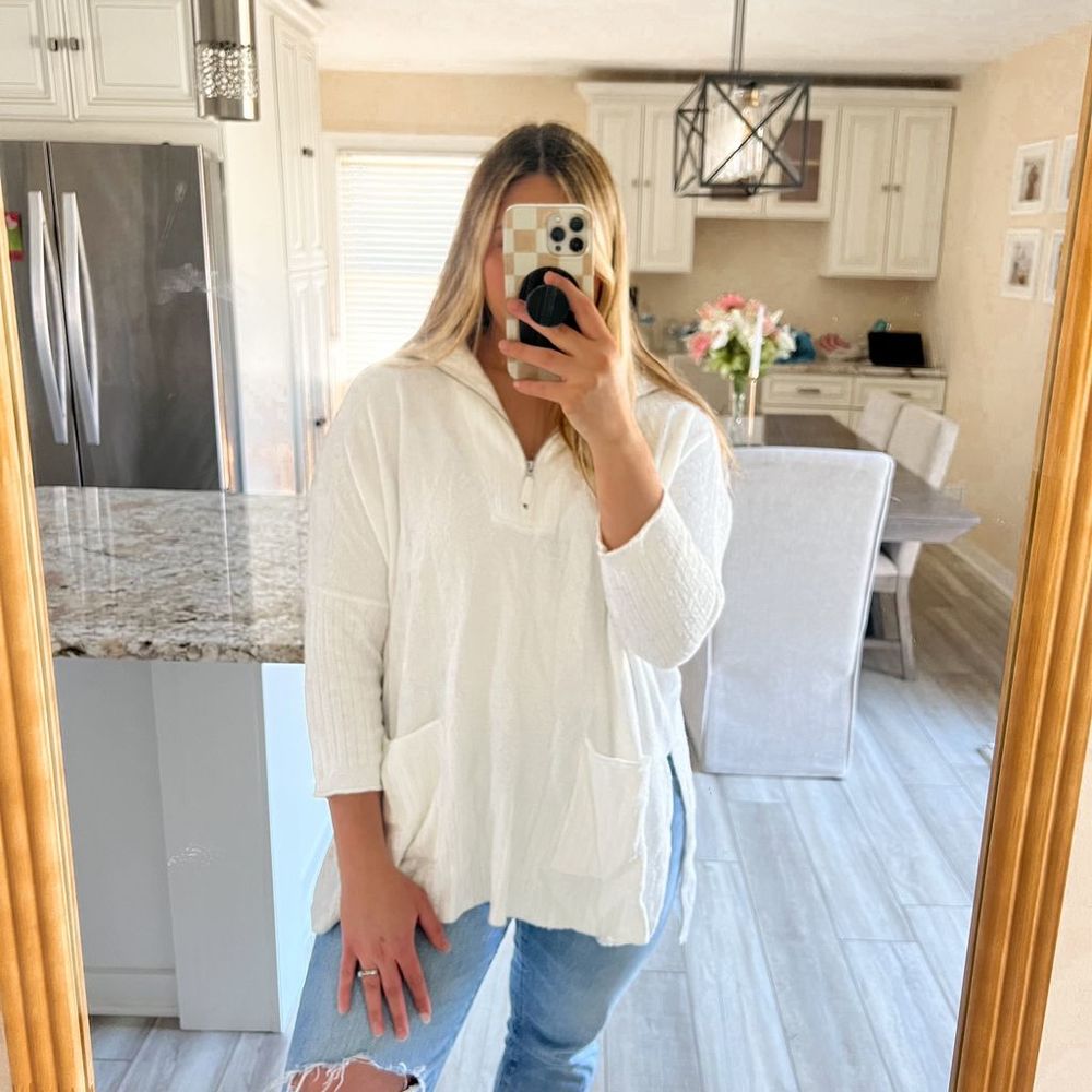 Barefoot Dreams CozyChic Lite White Quarter Zip Sweater - Size S/M